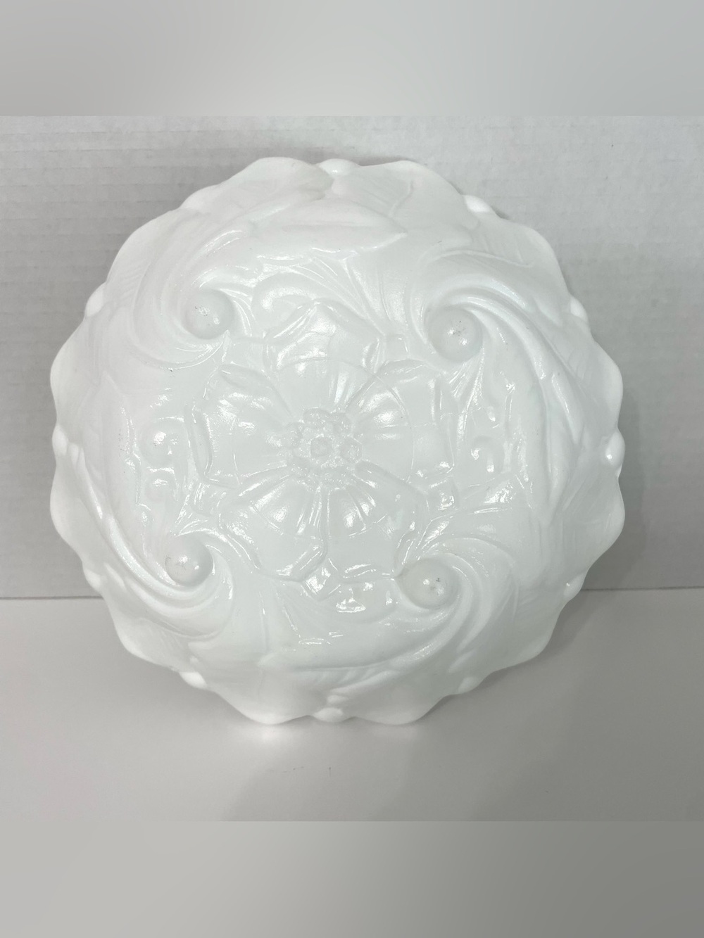 Vintage Indiana Glass “Wild Rose” Milk Glass Serving Bowl, Footed, Embossed 9”